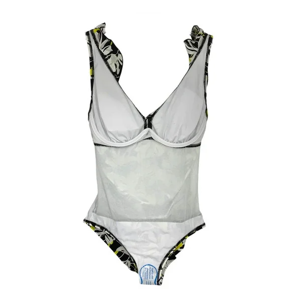 NWT DKNY Sz M Black & Yellow Floral Ruffle Trim One Piece Swim Bathing Suit NEW - Picture 4 of 9